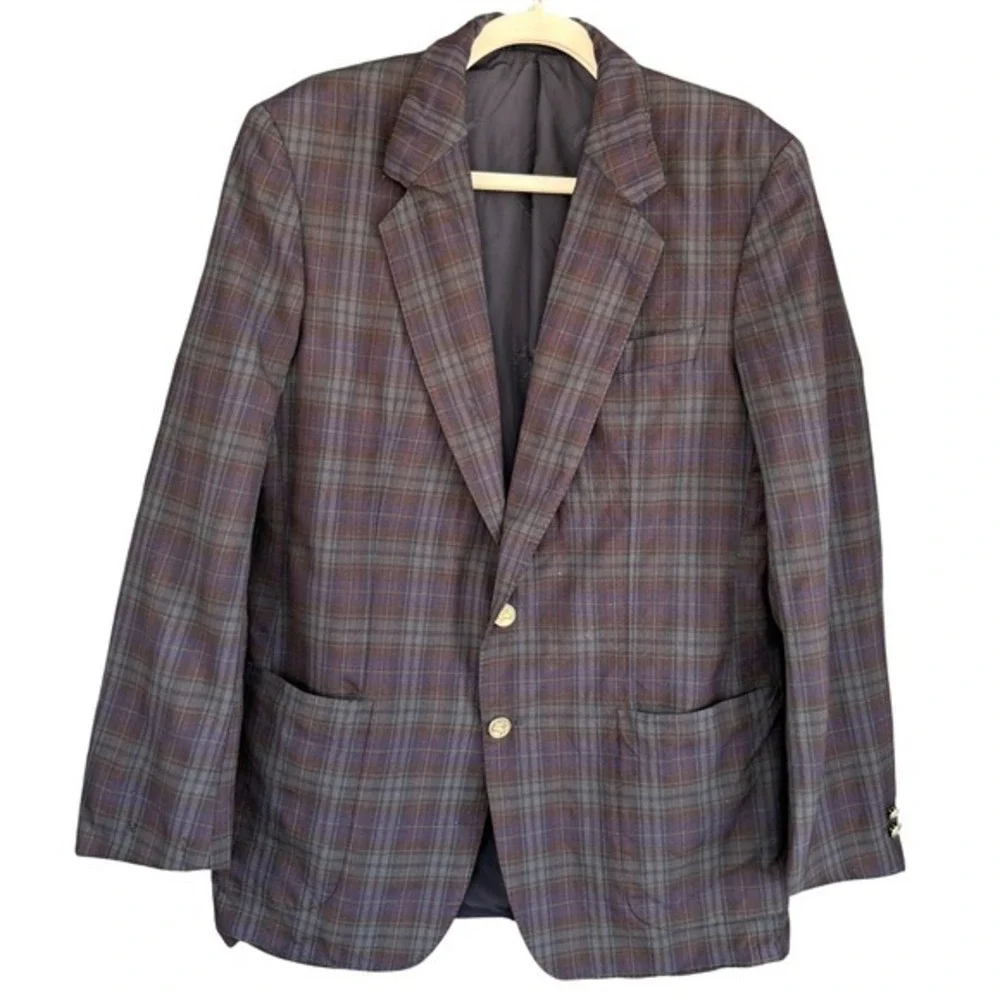 90s Vintage Burberrys Plaid Blazer Pure Wool Sport Coat Men's Blue green‎