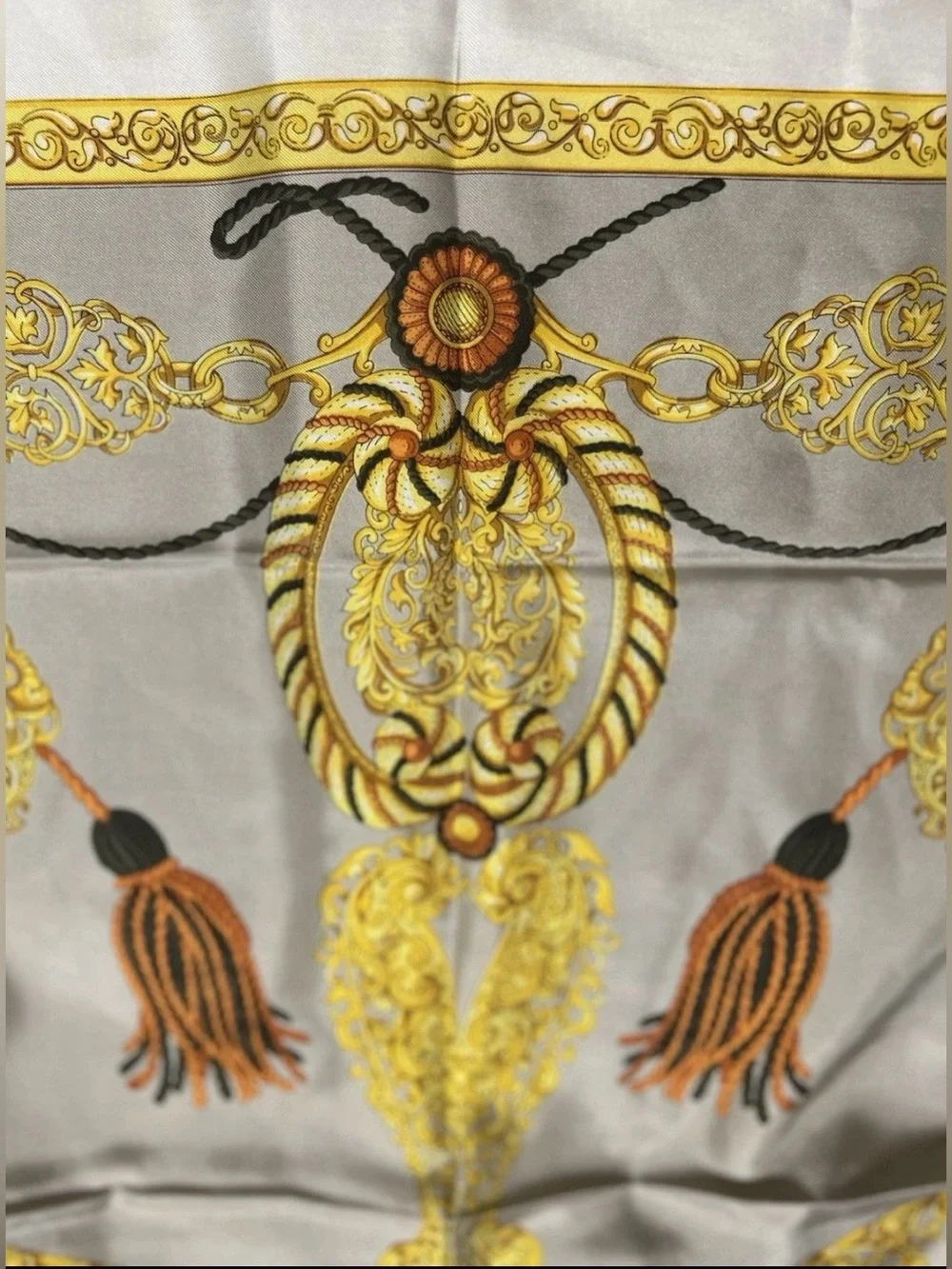 Vintage Celine Paris Silk Scarf Tassel Print Gray Gold Orange Black 34” France