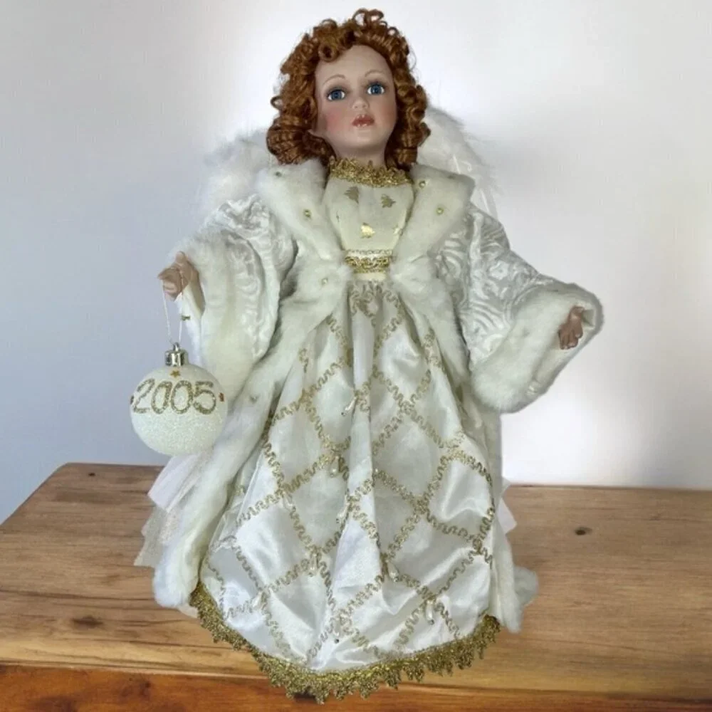 Porcelain Angel Doll Vintage Christmas 05 Red Auburn Hair w/Stand White Gold 19”