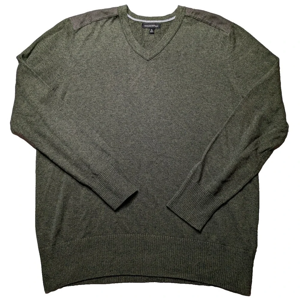 BANANA REPUBLIC Men Large Green Heather‎ Cotton V-Neck Military Sweater EUC