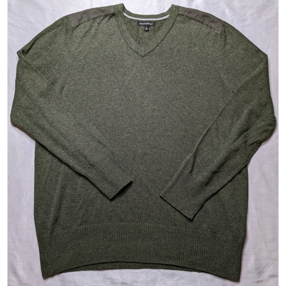 BANANA REPUBLIC Men Large Green Heather‎ Cotton V-Neck Military Sweater EUC