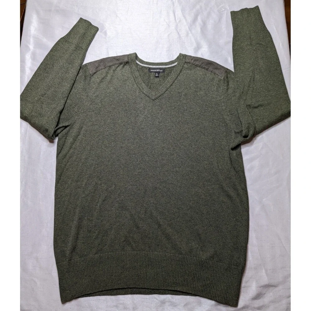 BANANA REPUBLIC Men Large Green Heather‎ Cotton V-Neck Military Sweater EUC