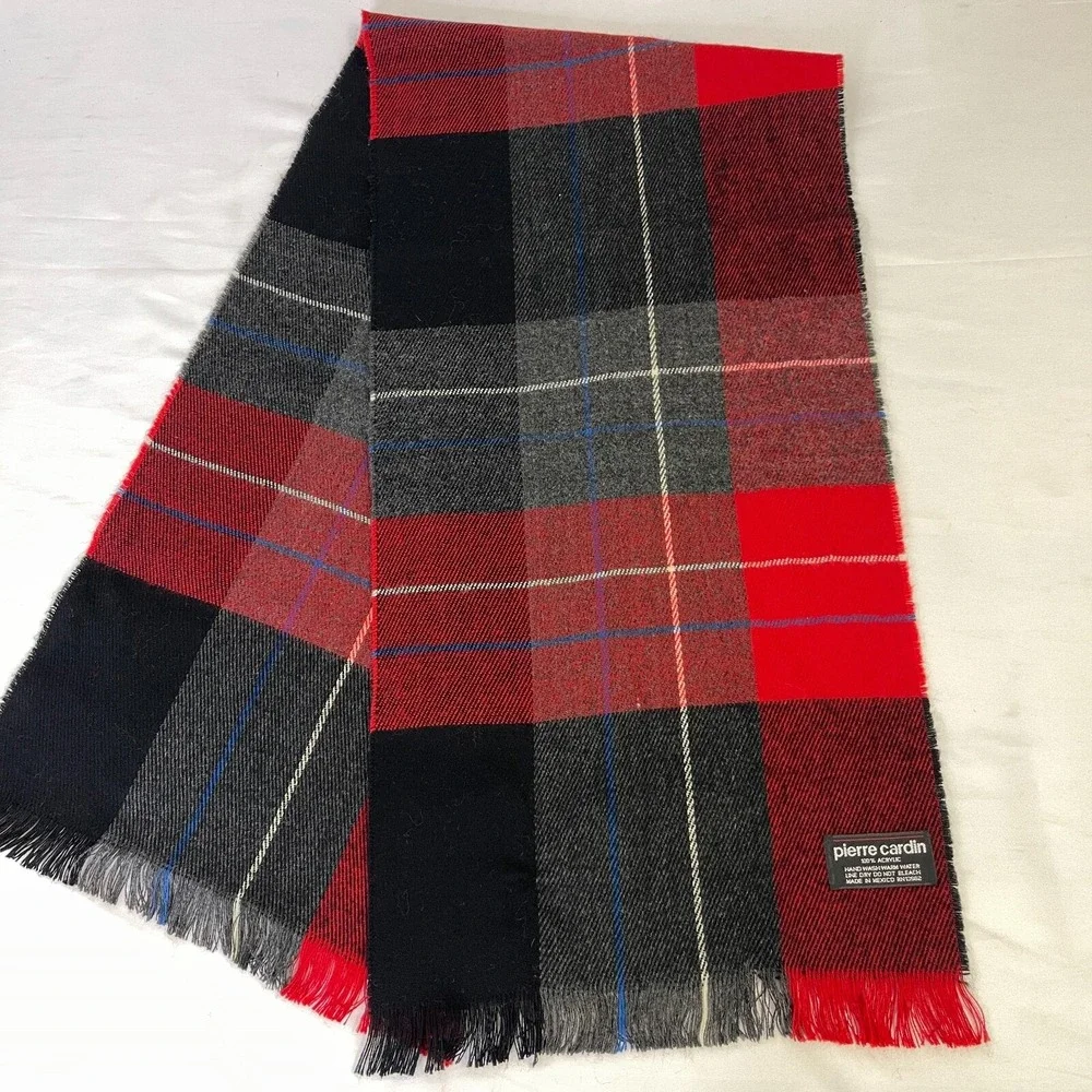 Vtg Pierre Cardin Tartan Red Plaid Scarf  Acrylic Soft 12 x 50