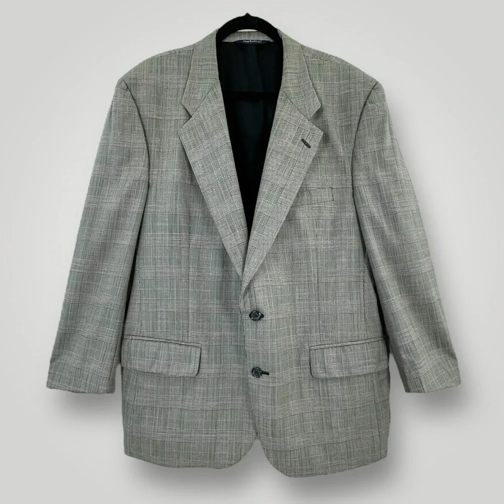 VTG Burberrys Sport Coat Mens Size 42 R Black White Plaid Window‎ Pane Wool USA