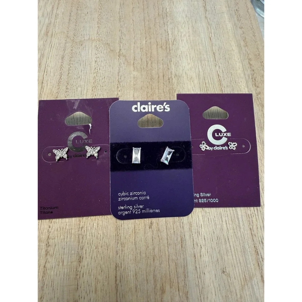 Claire's Luxe Butterfly & Baguette Cubic Zirconia Earrings‎ Sterling Silver NEW