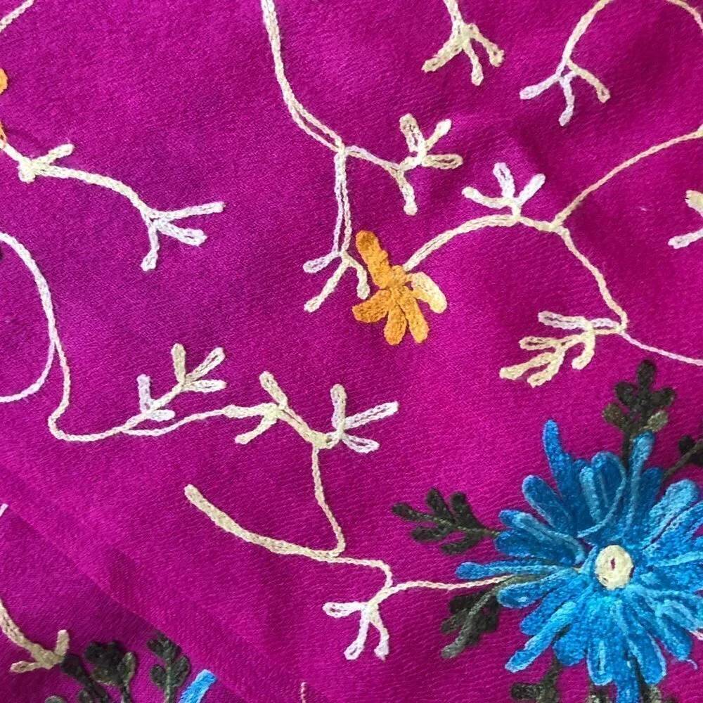 Floral Fuchsia Pink Crewel Embroidered Wool Fringed Shawl Wrap Scarf 90