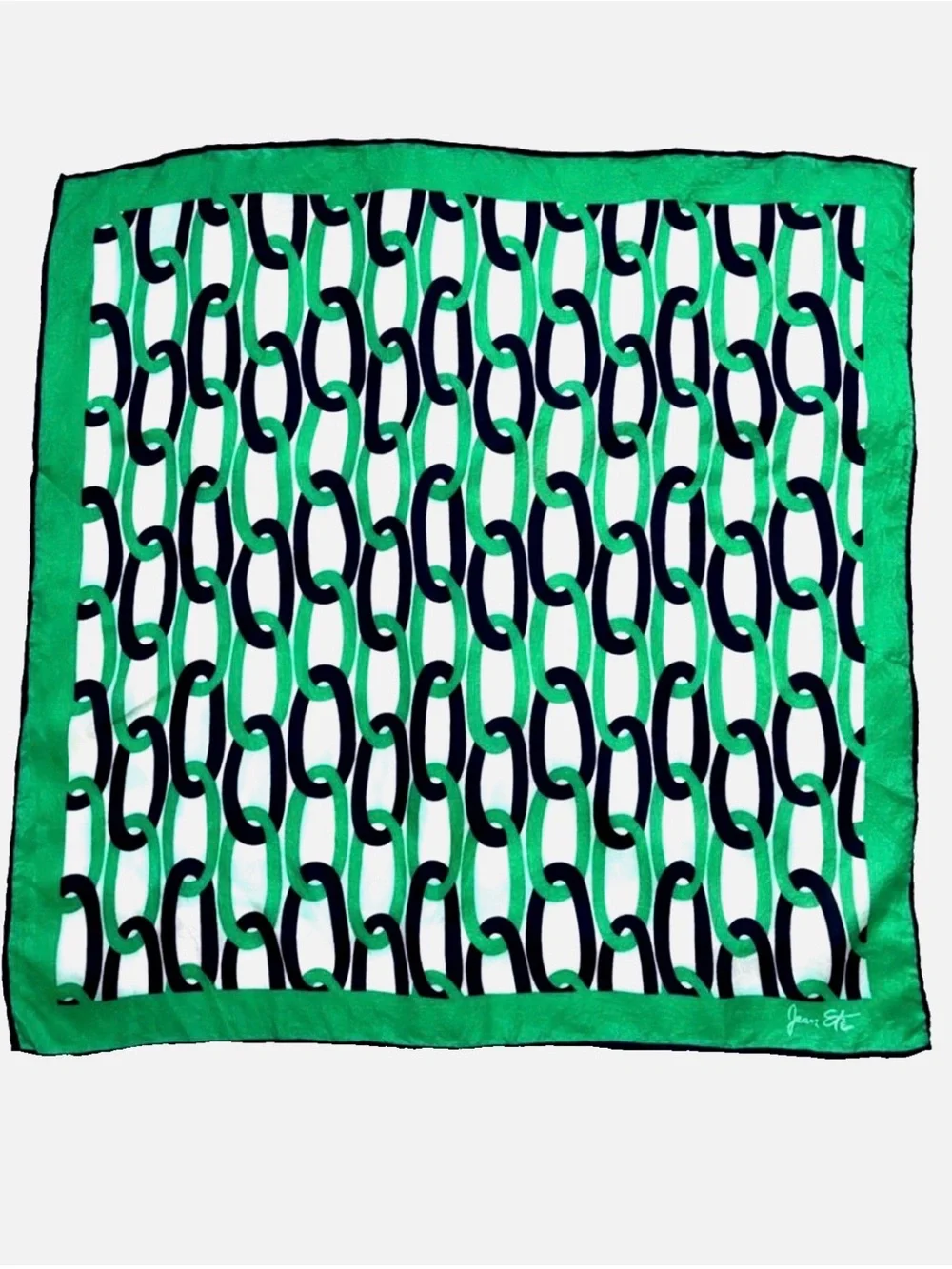 Vintage Jean Été Chain Print Square Scarf Green Navy Mod Preppy Silk Feel