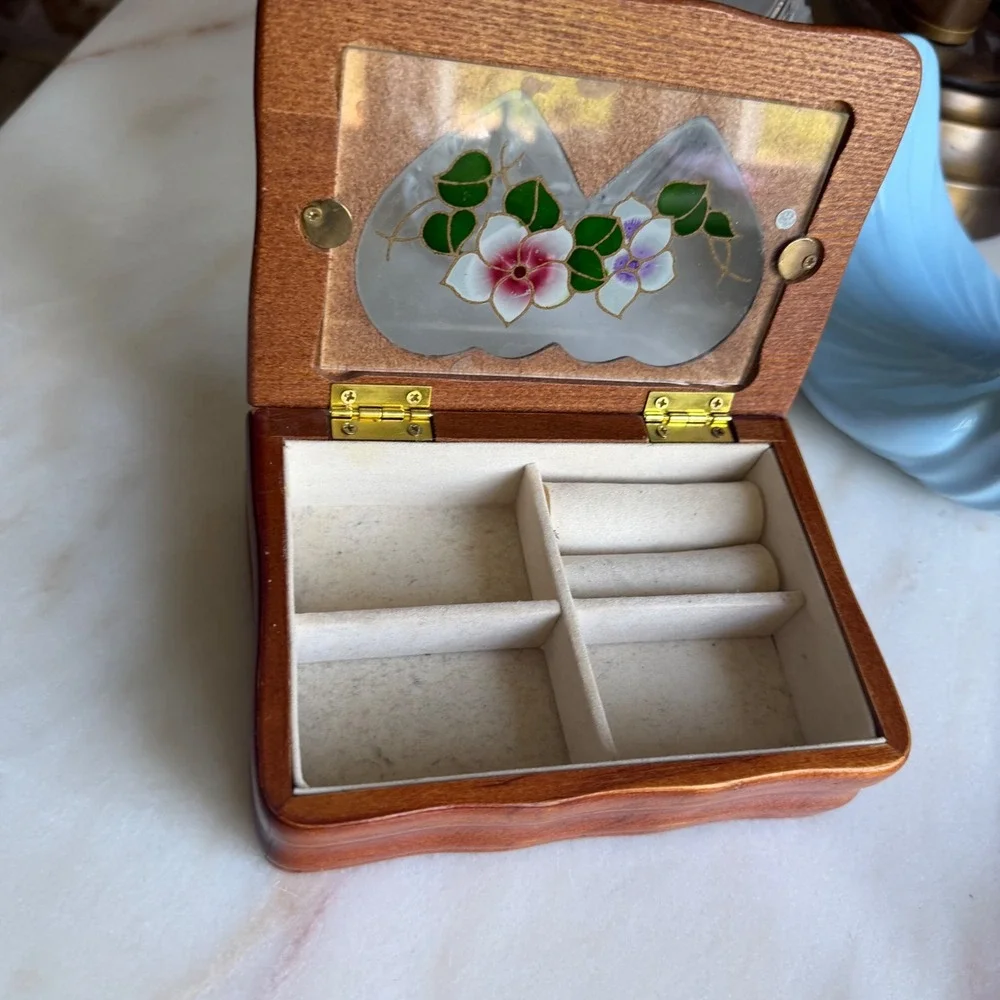 Vintage Wood Jewelry Box‎ Double Heart Floral Glass Inlay Trinket Box Organizer