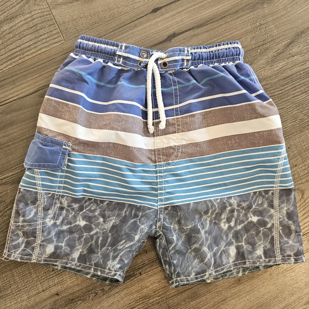 3T Quad Seven blue, gray and white swim trunks Vacation Spring Break beach shore