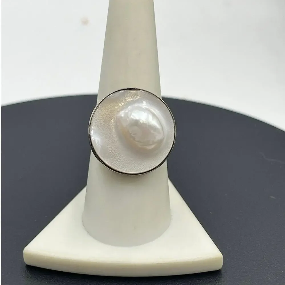 Sterling‎ Silver Natural White Blister Pearl Shell Round Ring 8.5
