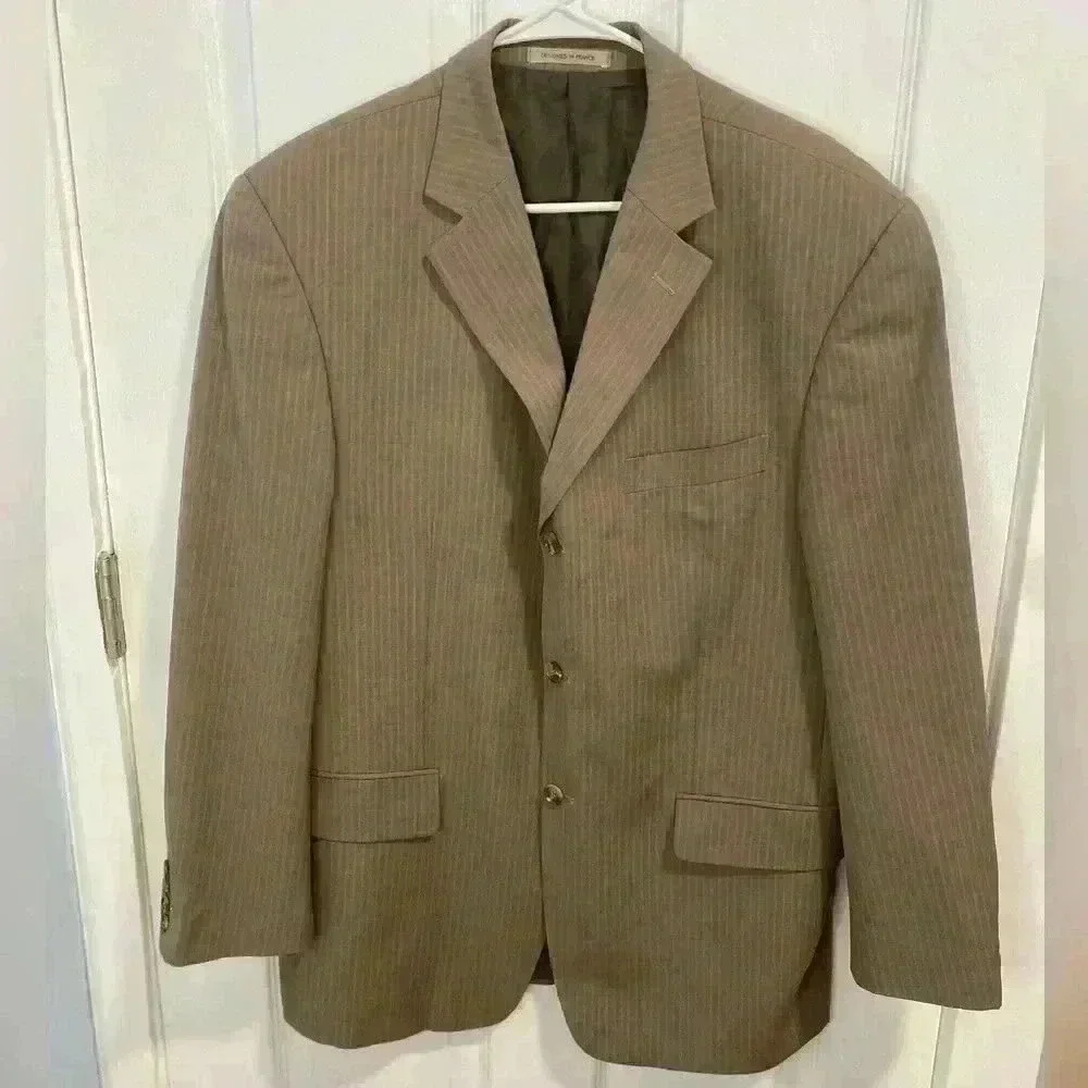 Franco Valentino Couture Hand Tailored Tan Pinstripe Wool Suit Jacket Size 44R‎