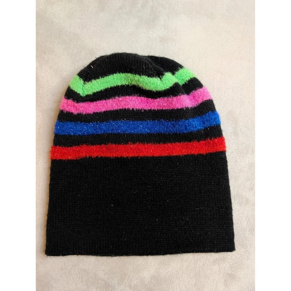 Vintage‎ Neon Beanie Hat & Gloves Set Black Stripe 90s Winter Kids