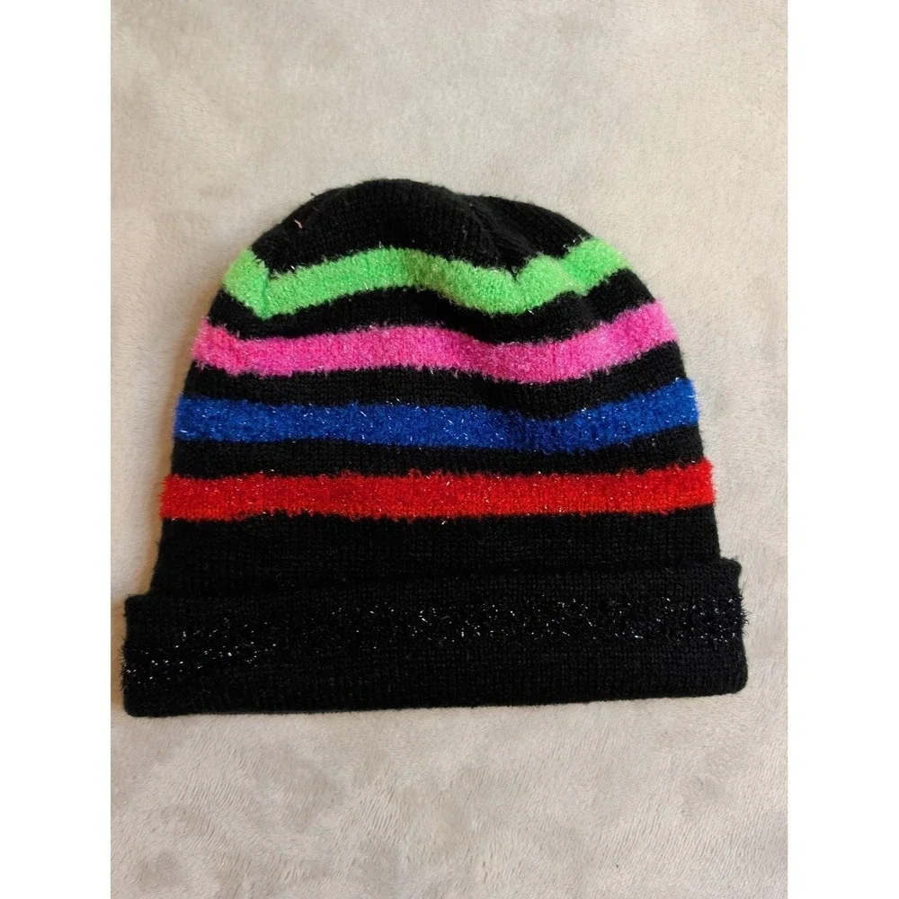 Vintage‎ Neon Beanie Hat & Gloves Set Black Stripe 90s Winter Kids