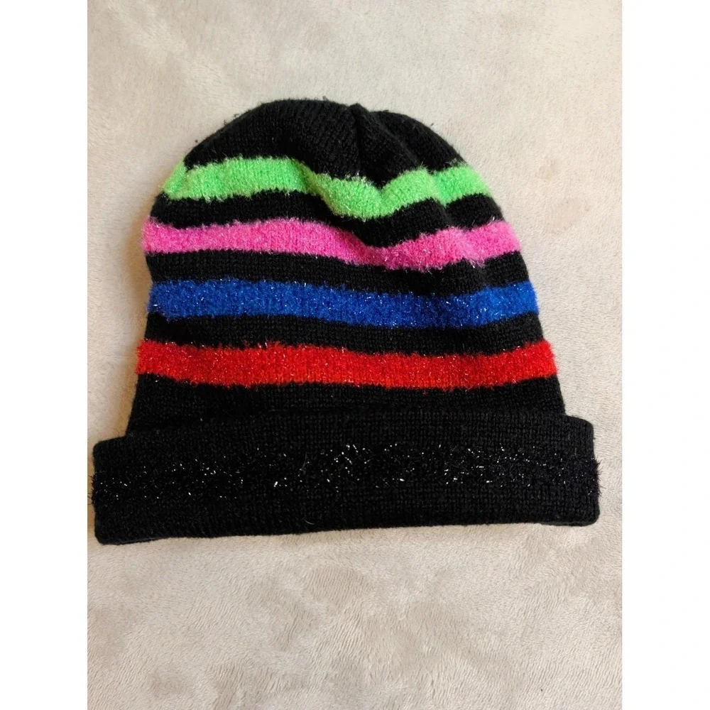 Vintage‎ Neon Beanie Hat & Gloves Set Black Stripe 90s Winter Kids
