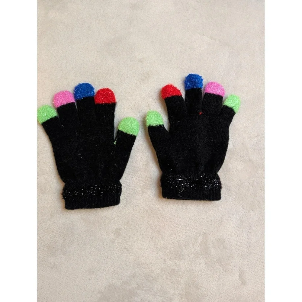 Vintage‎ Neon Beanie Hat & Gloves Set Black Stripe 90s Winter Kids