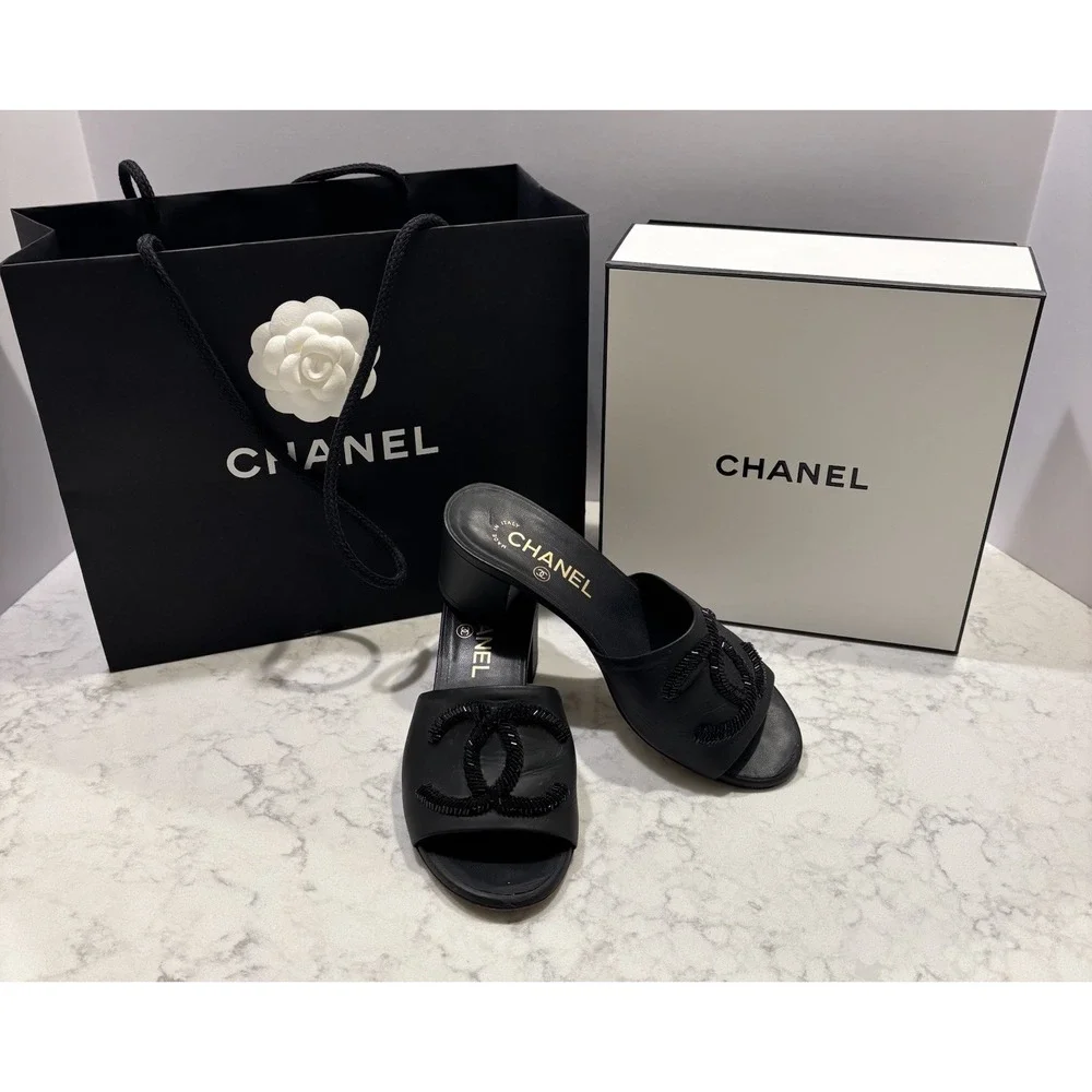 CHANEL black leather