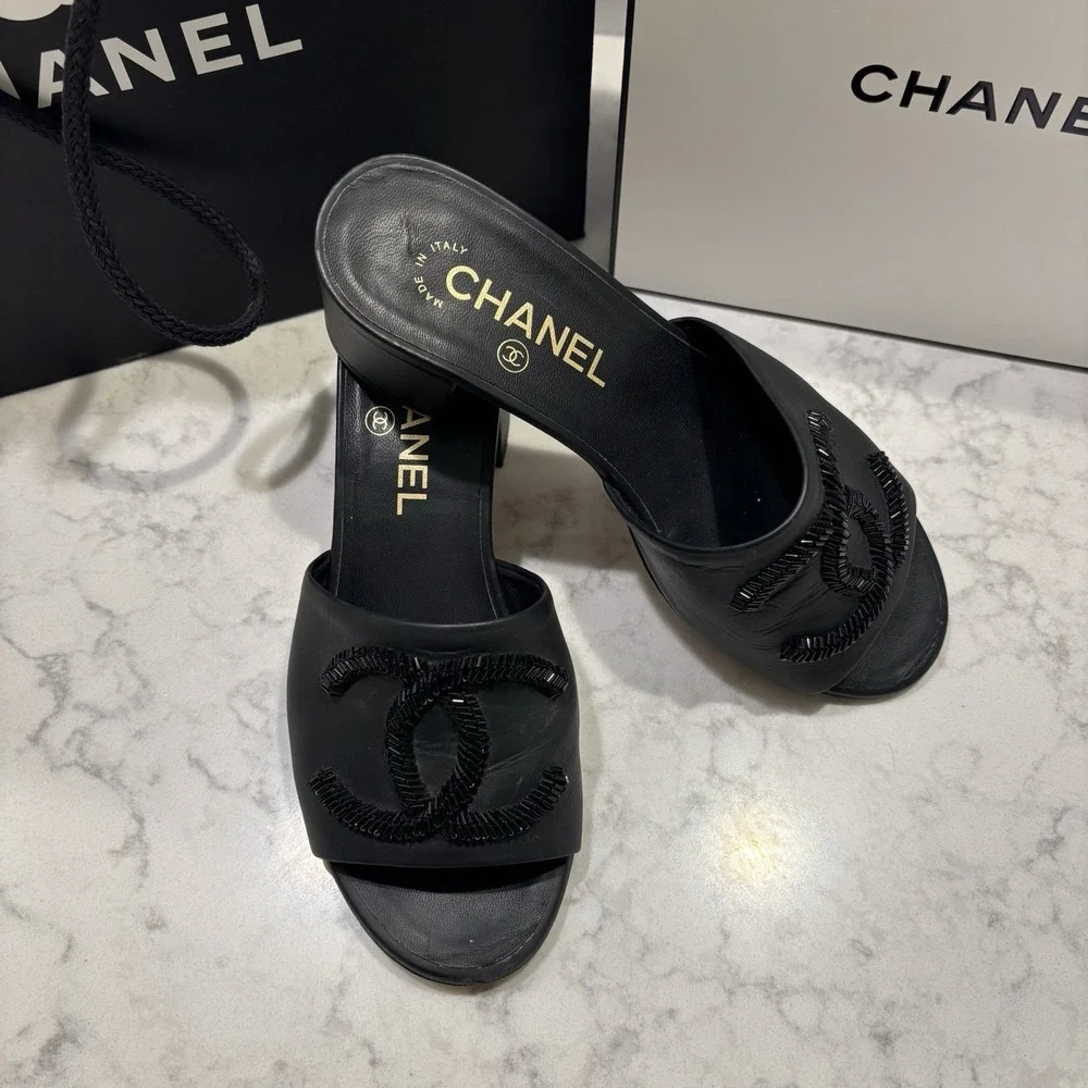 CHANEL black leather