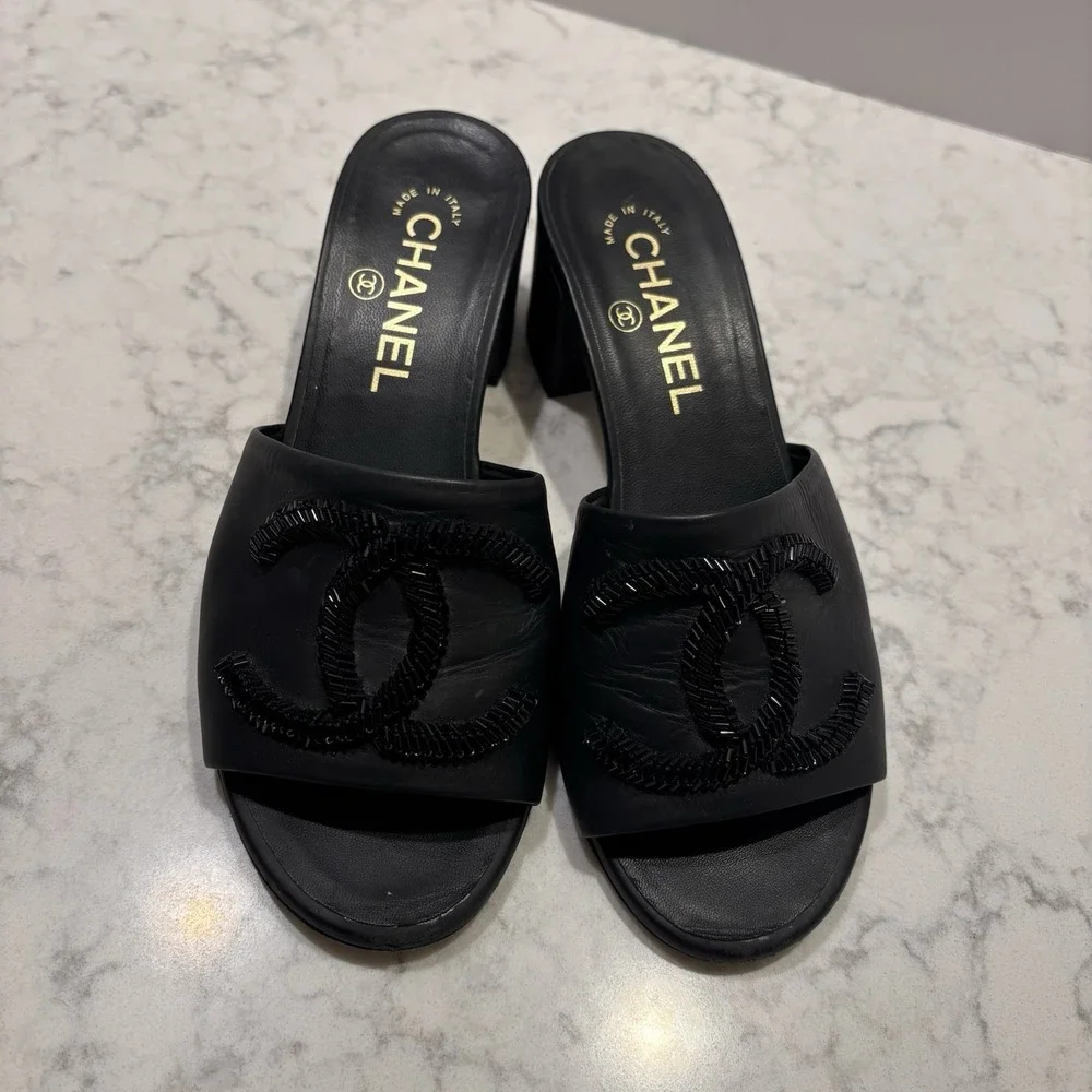 CHANEL black leather