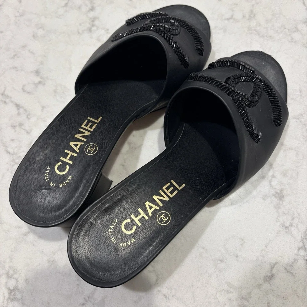 CHANEL black leather
