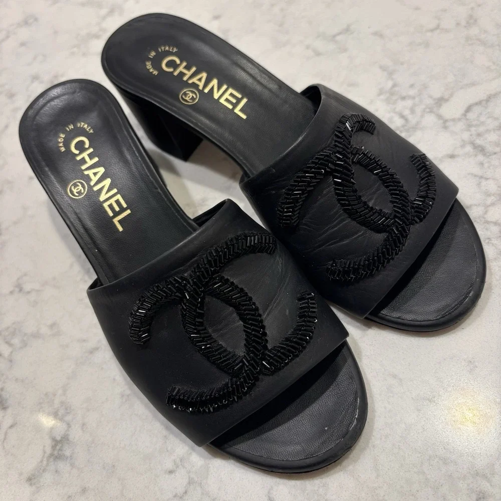 CHANEL black leather