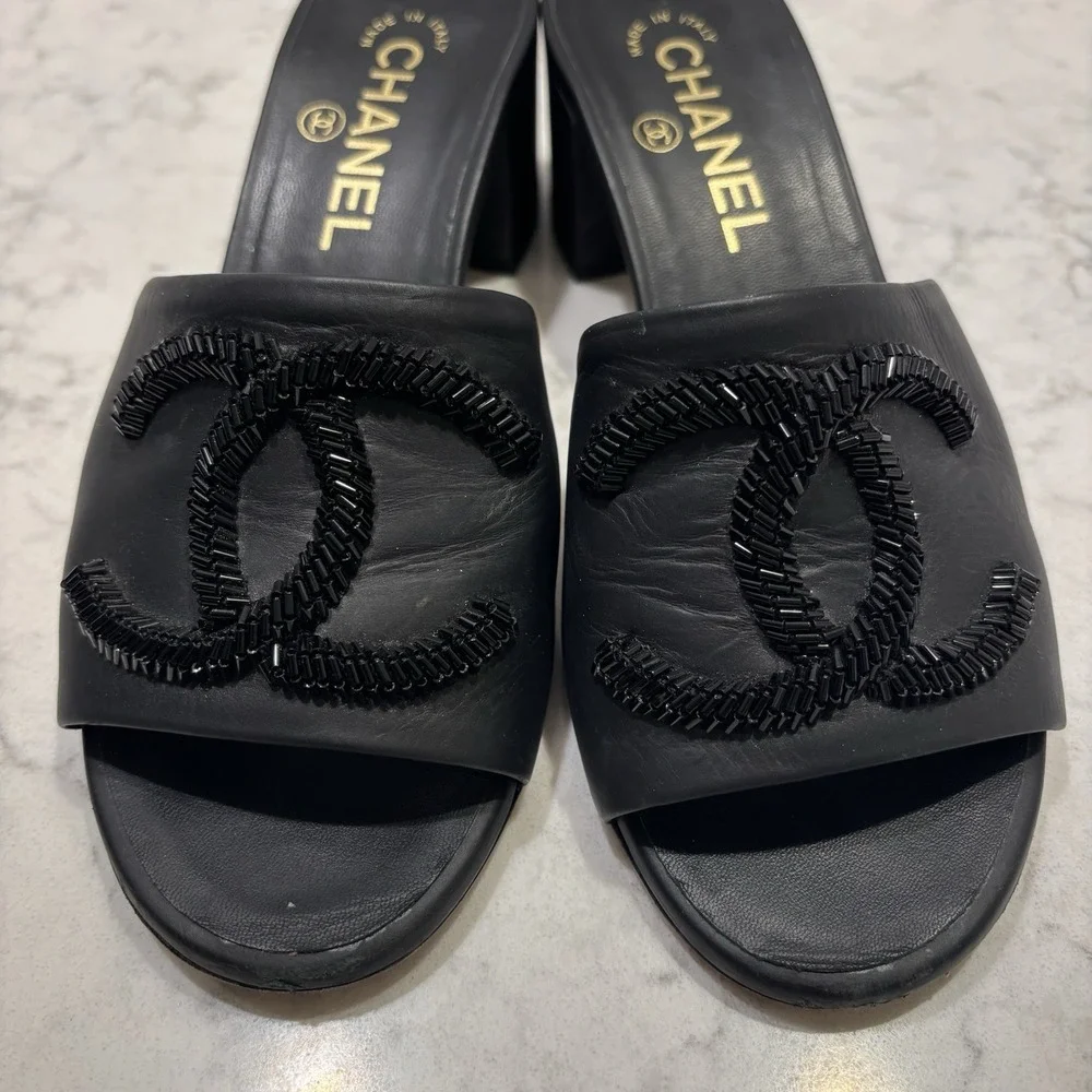 CHANEL black leather