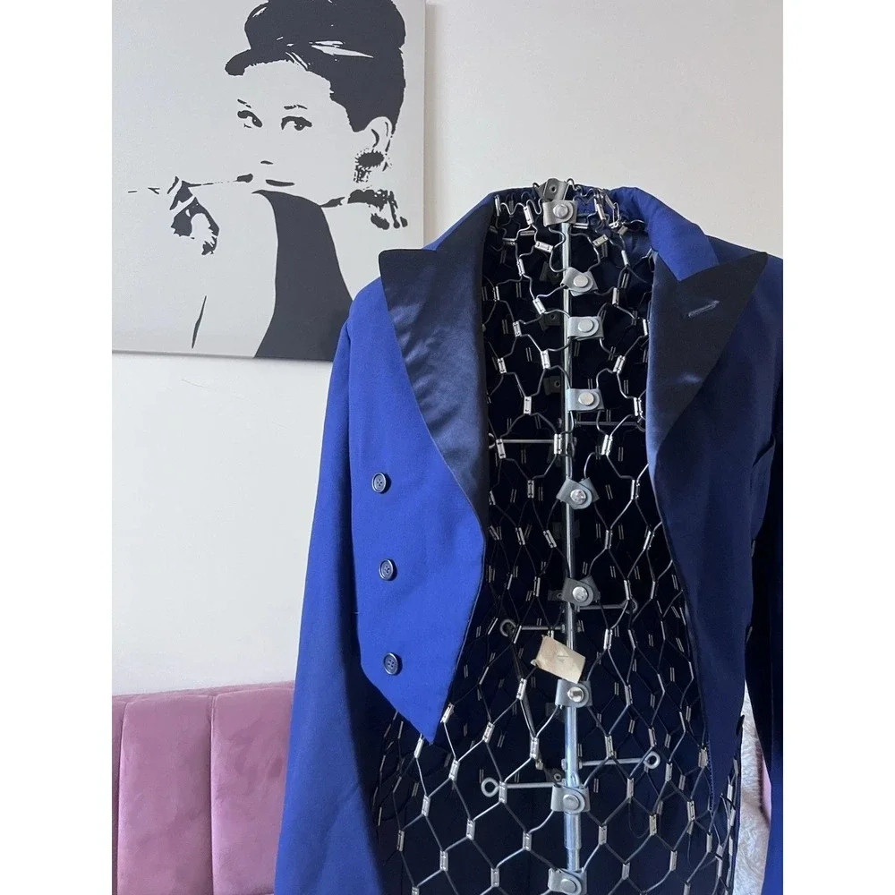 Vintage Royal Blue Tailcoat Formal Evening Jacket Black Satin Lapel Costume