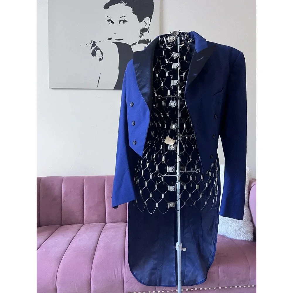 Vintage Royal Blue Tailcoat Formal Evening Jacket Black Satin Lapel Costume