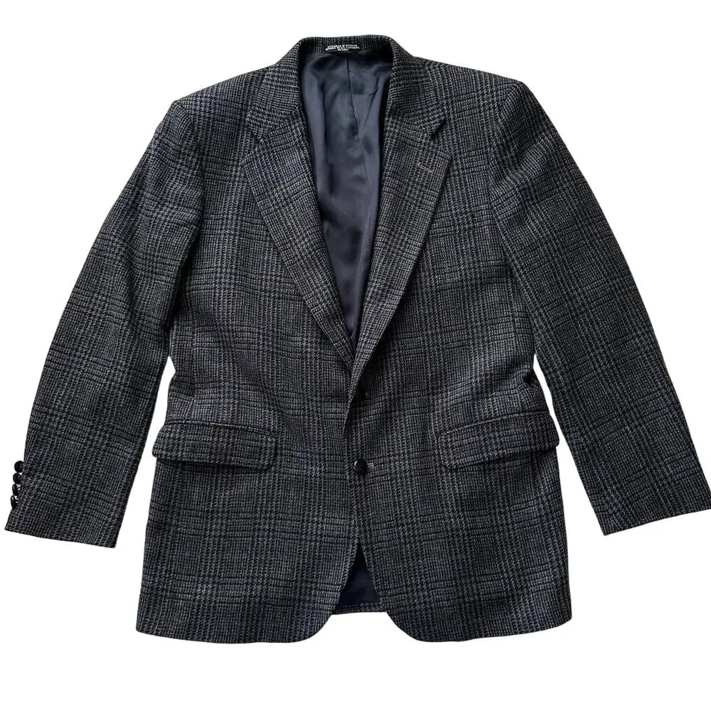 Woolrich Wool Houndstooth Plaid‎ Two Button Grey Black Blazer 43 L