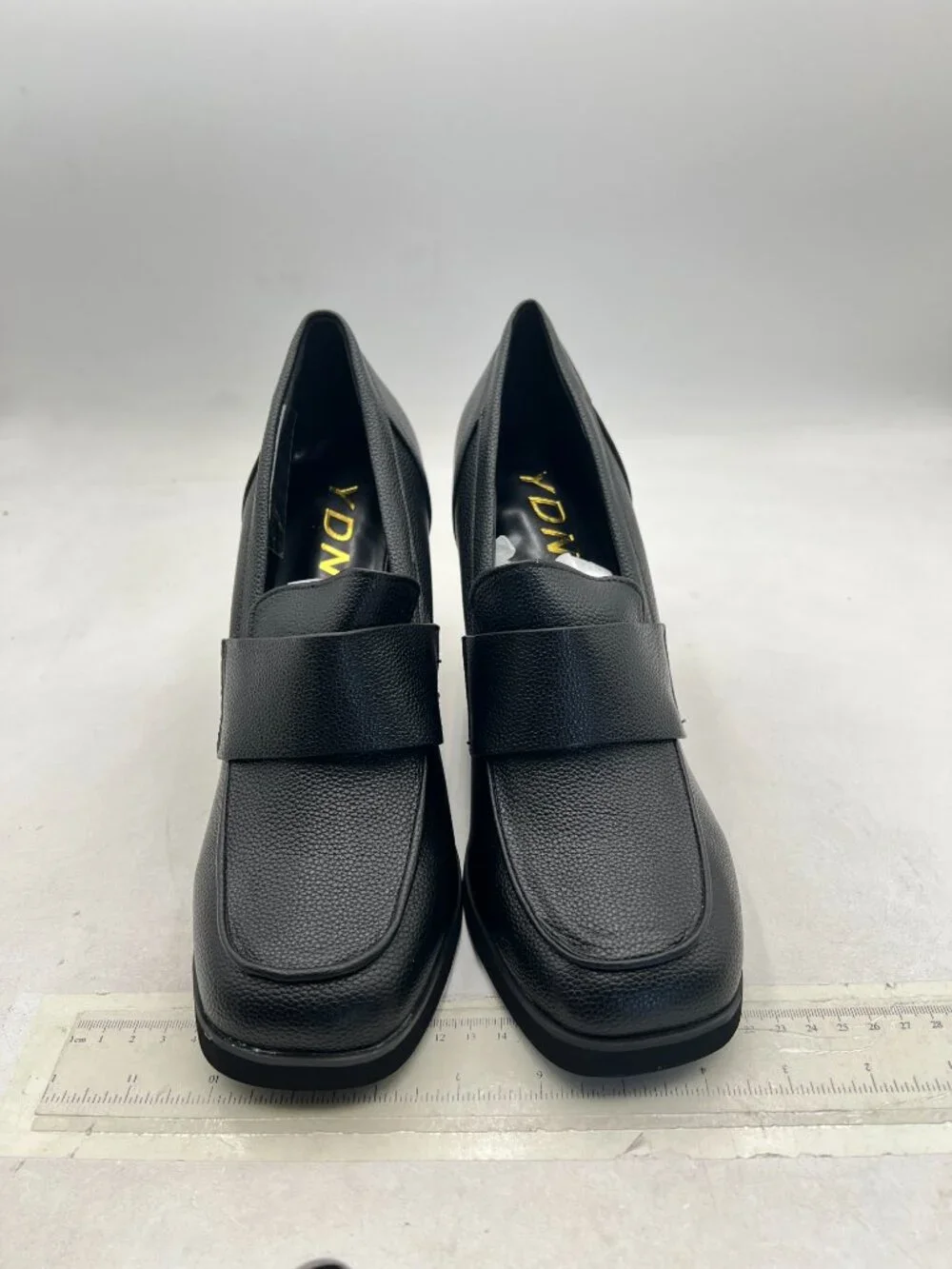 YDN Black Dressy Pump Square Closed Toe Slip On Loafers Wedges High Heeled Shoes