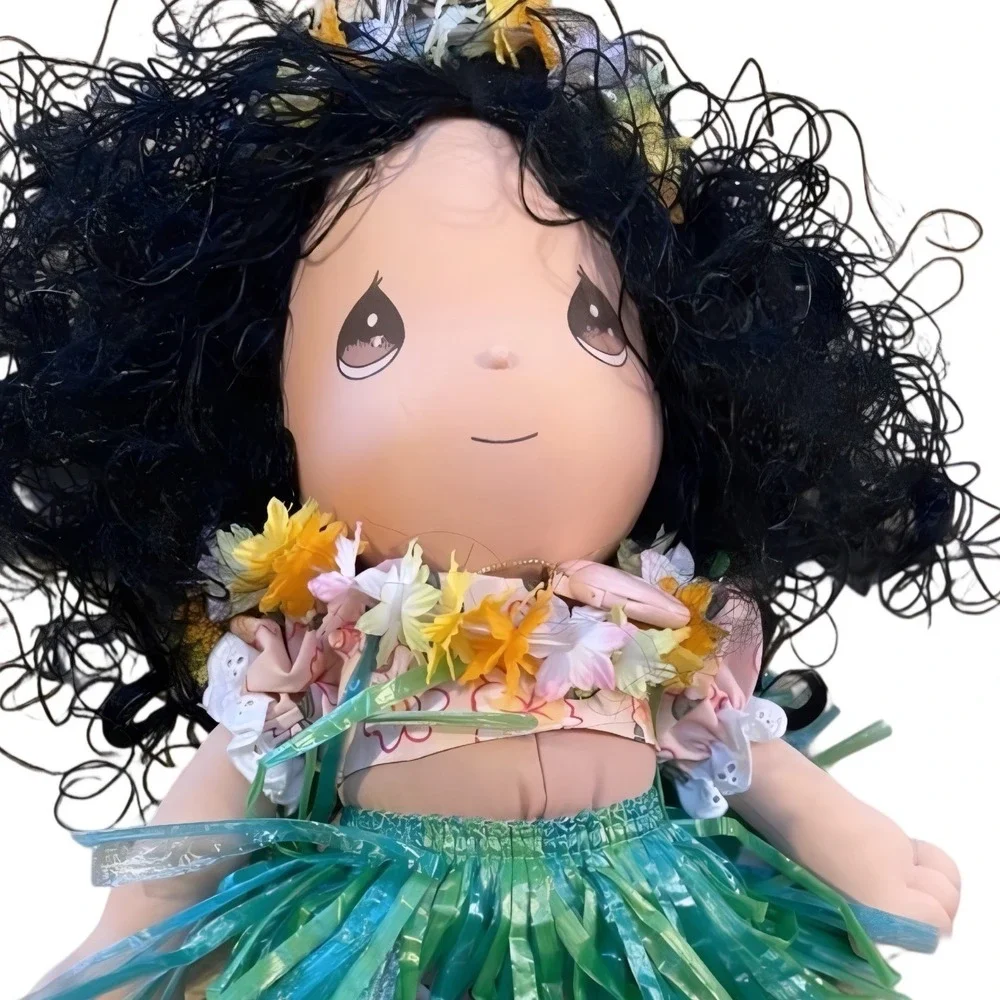 Precious Moments Hawaiian Hula Girl Plush Doll Vtg 1980s Curly Hair‎ Lei Skirt