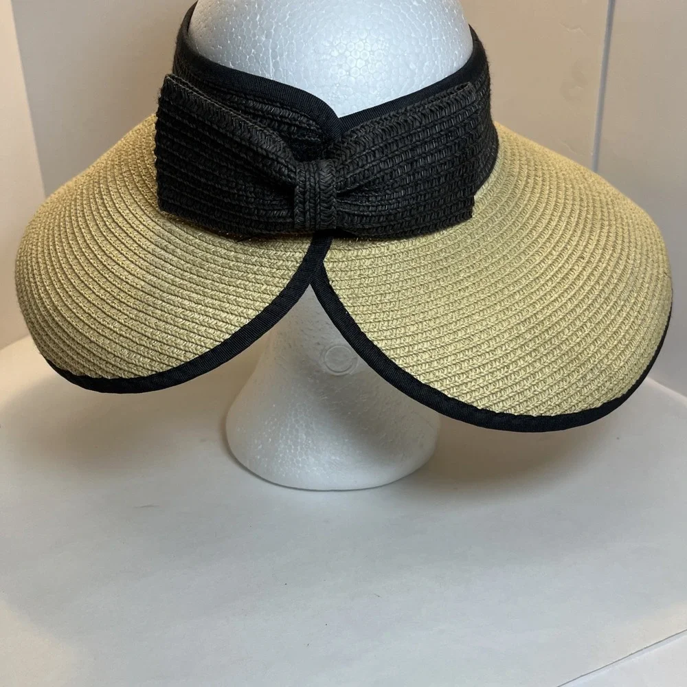 Magid Straw Visor Hat Black Trim Wide Brim Roll-Up Sun Hat w/ Bow‎ 100% Paper
