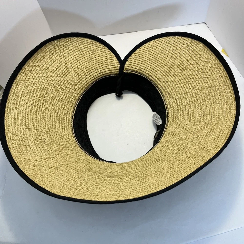 Magid Straw Visor Hat Black Trim Wide Brim Roll-Up Sun Hat w/ Bow‎ 100% Paper