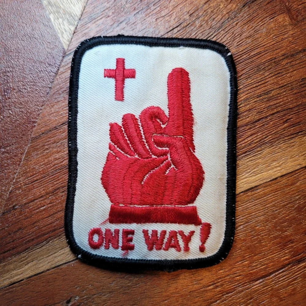 One Way Jesus‎ Christian Embroidered Patch Red Finger Point Cross Verse