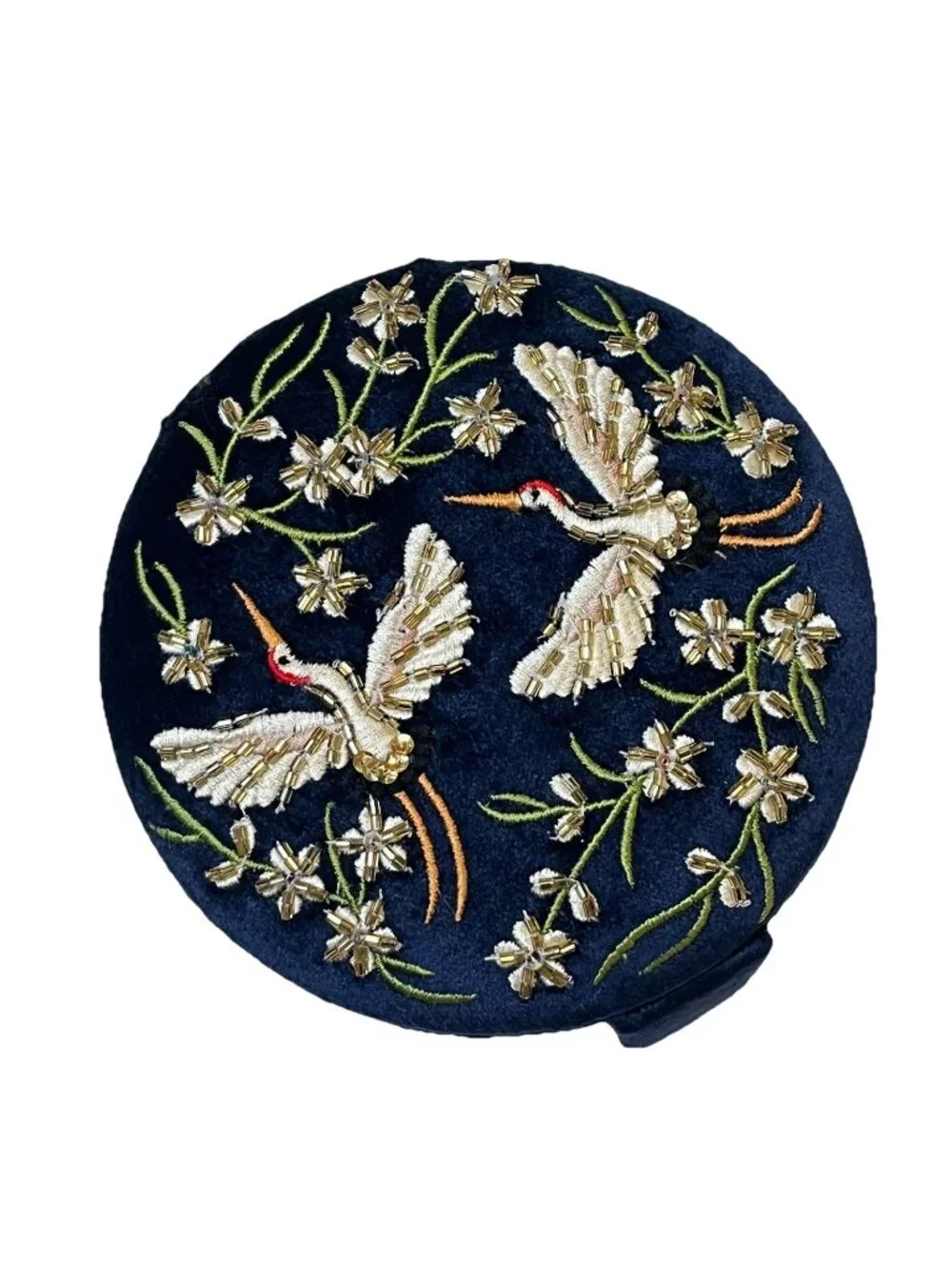 Beaded Crane Jewelry Box Blue Velvet Round Trinket Box Embroidered 5.5