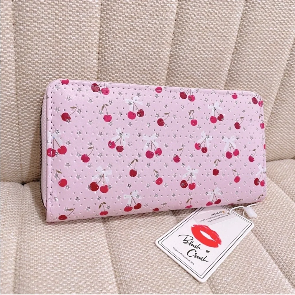 Blush Crush Pink Cherry Star‎ Print Vegan Leather Zip Around Continental Wallet