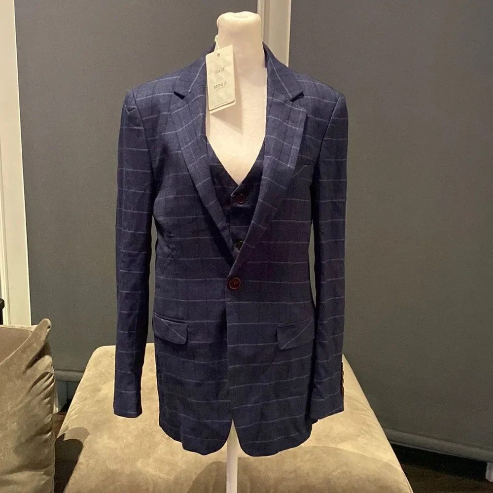 Men’s Plaid Suit Jacket & Vest Single Breasted One Button Business Size 32 NWT