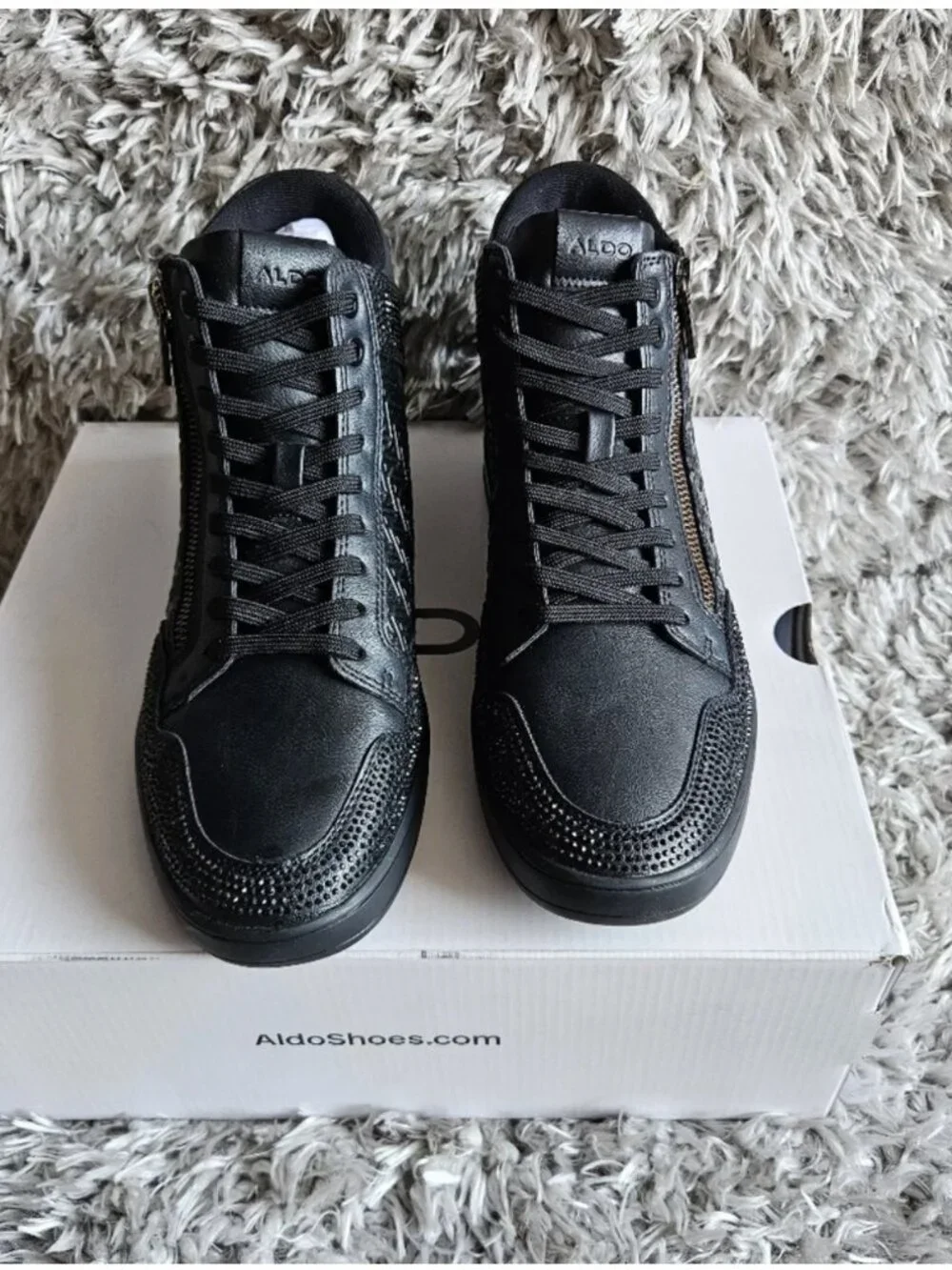 ALDO Black Textured High Top Sneakers Side Zip Size 9.5 NIB