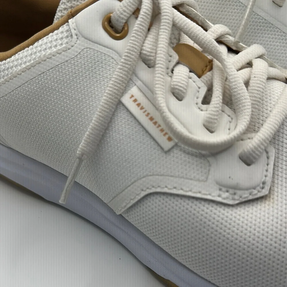 Travis Mathew Sz 11 The Daily Pro White and Tan Sneakers Minimalist‎ Design
