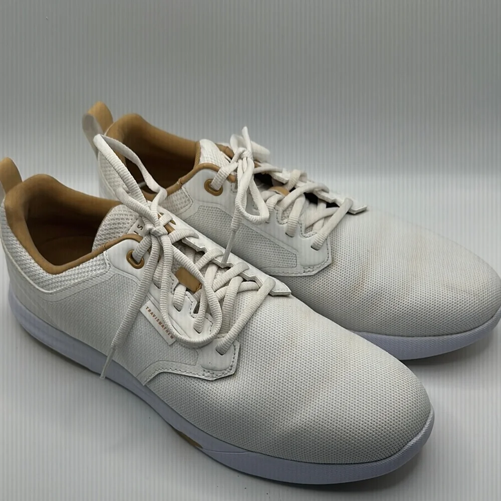 Travis Mathew Sz 11 The Daily Pro White and Tan Sneakers Minimalist‎ Design