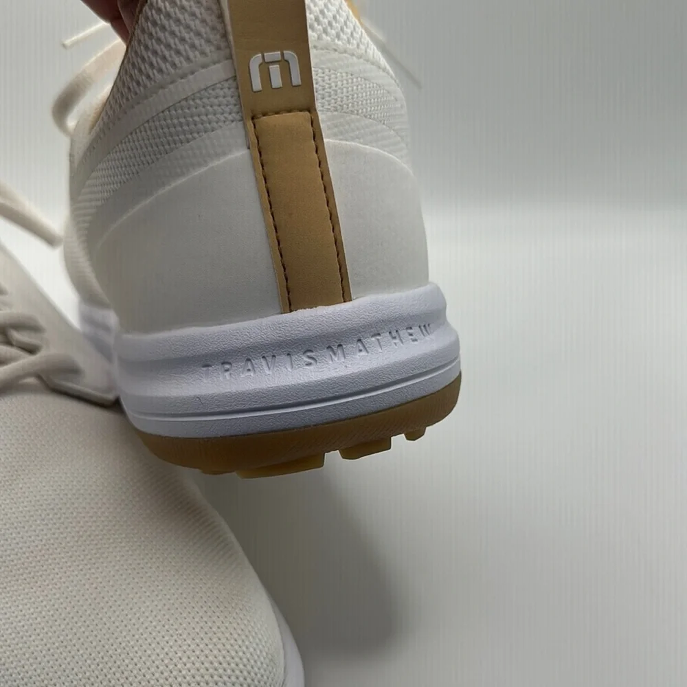 Travis Mathew Sz 11 The Daily Pro White and Tan Sneakers Minimalist‎ Design