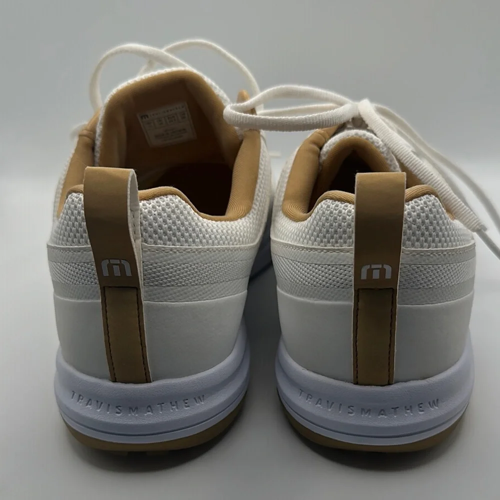 Travis Mathew Sz 11 The Daily Pro White and Tan Sneakers Minimalist‎ Design