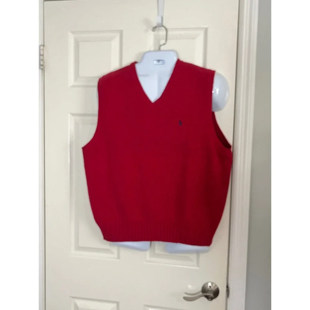 Polo Ralph Lauren Mens XL Red V-Neck 100% Cotton Knit Sweater Vest Navy Pony