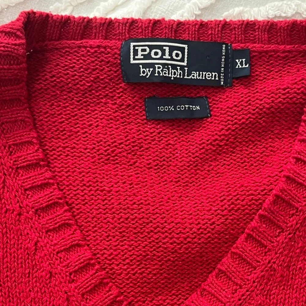 Polo Ralph Lauren Mens XL Red V-Neck 100% Cotton Knit Sweater Vest Navy Pony