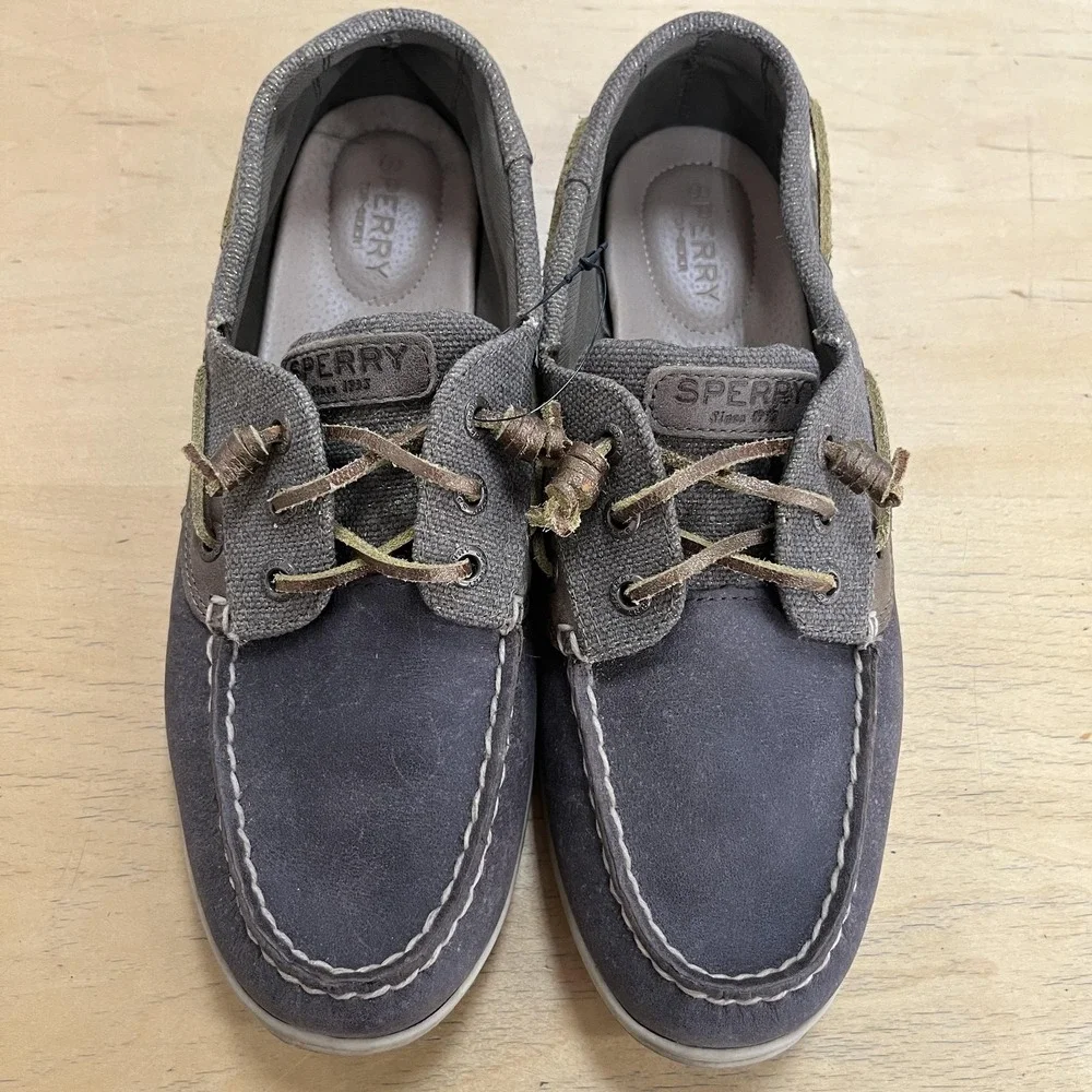 Sperry‎ Top-Sider Boat Shoes Womens Size 9.5 Gray Brown Leather Canvas STS80607