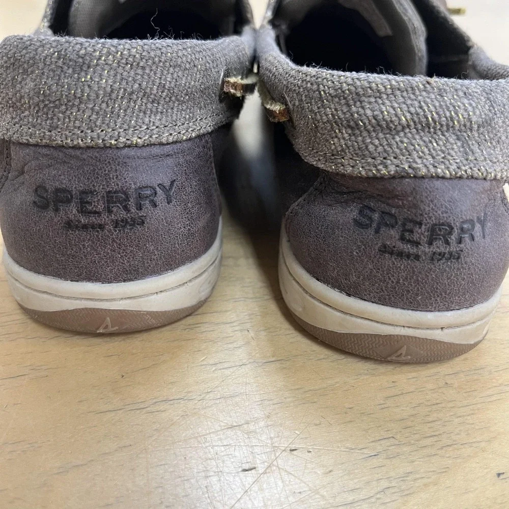 Sperry‎ Top-Sider Boat Shoes Womens Size 9.5 Gray Brown Leather Canvas STS80607