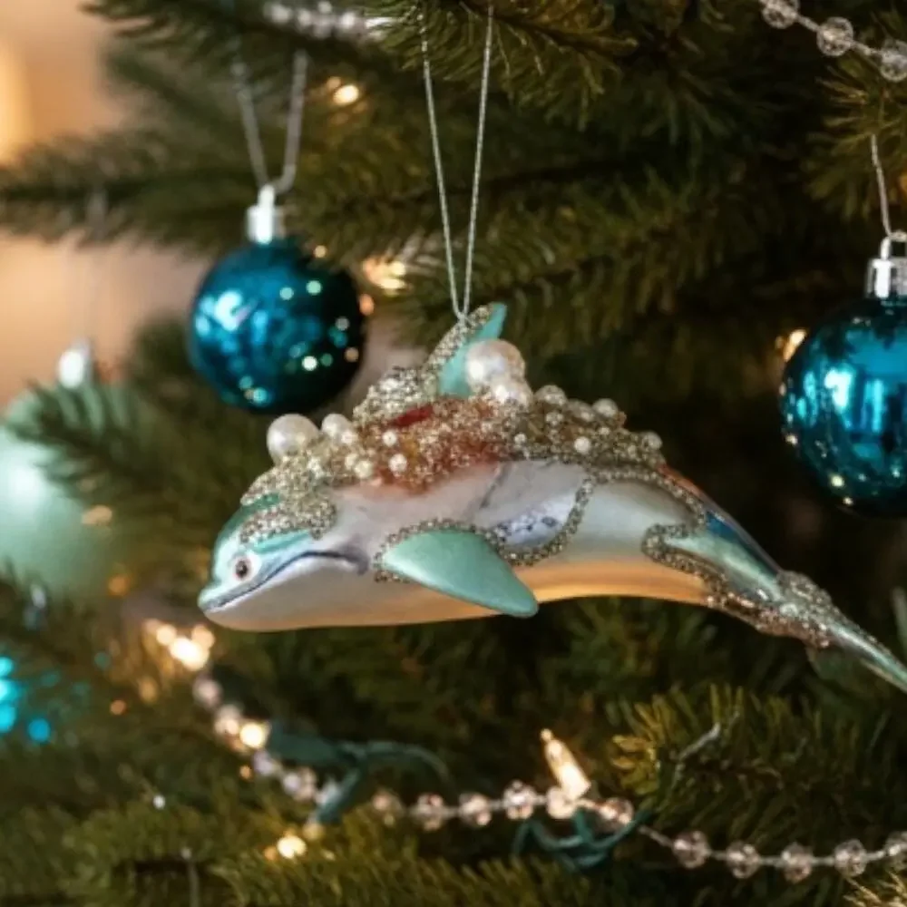 Dolphin Christmas Ornament Blue Glass Nautical Ocean Seaside Jeweled‎
