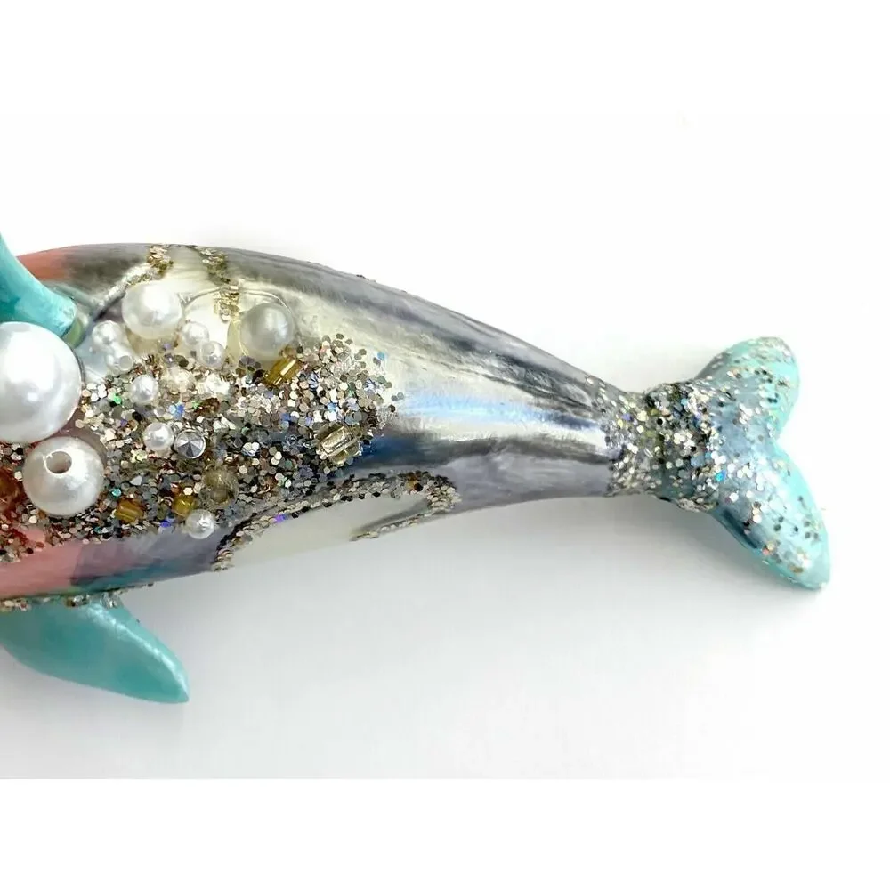 Dolphin Christmas Ornament Blue Glass Nautical Ocean Seaside Jeweled‎