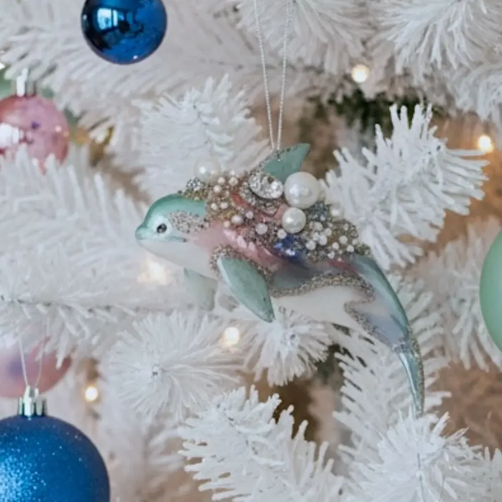 Dolphin Christmas Ornament Blue Glass Nautical Ocean Seaside Jeweled‎