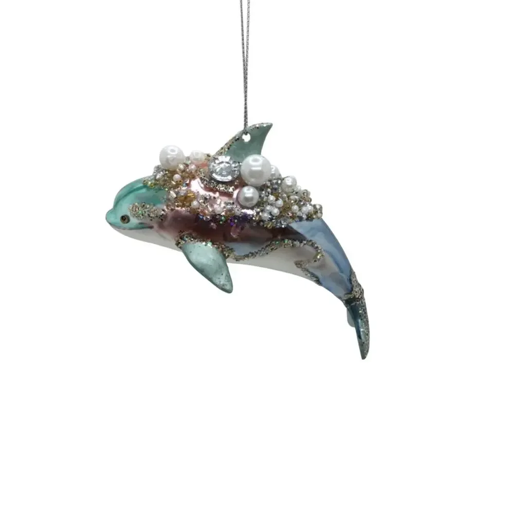 Dolphin Christmas Ornament Blue Glass Nautical Ocean Seaside Jeweled‎