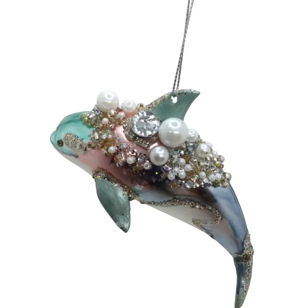 Dolphin Christmas Ornament Blue Glass Nautical Ocean Seaside Jeweled‎